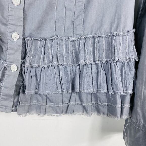 Odille Size 2 Ruffle Hem Long Sleeve Button Shirt Top Gray 100% Cotton - Picture 3 of 5